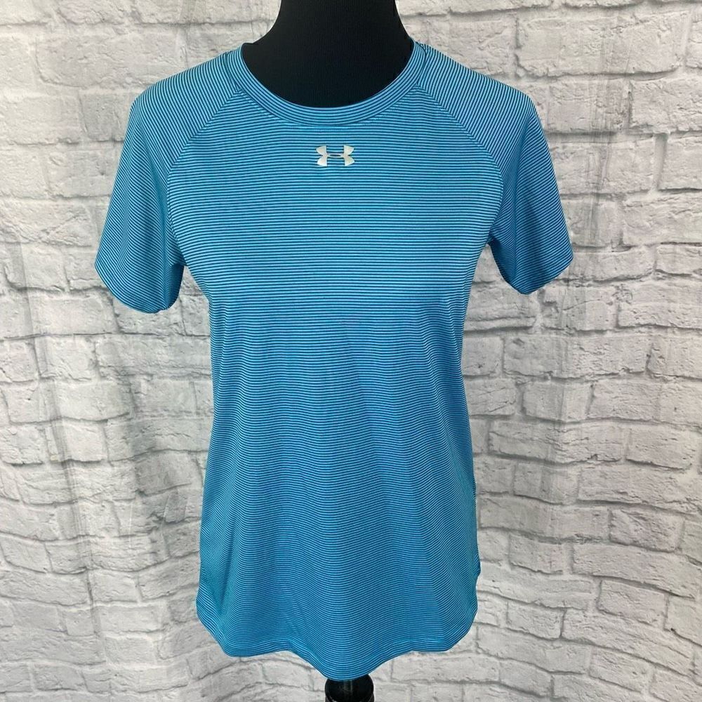 Under armour women S loose fit heatgear stripe short sleeve Crewneck top blue